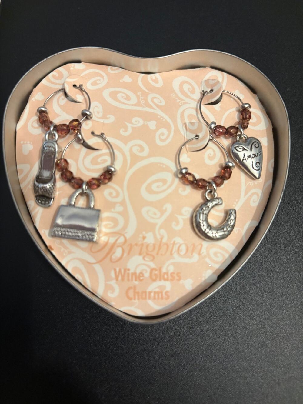 Brighton Wine Glass Charms Set of 4 Heart Tin Box NIB